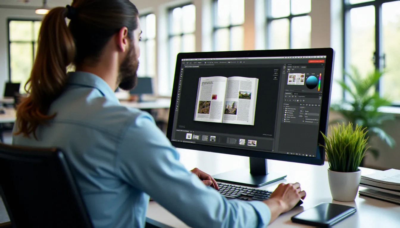 Un graphiste professionnel travaillant sur une formation InDesign à son bureau, avec un logiciel de mise en page Adobe ouvert sur son écran