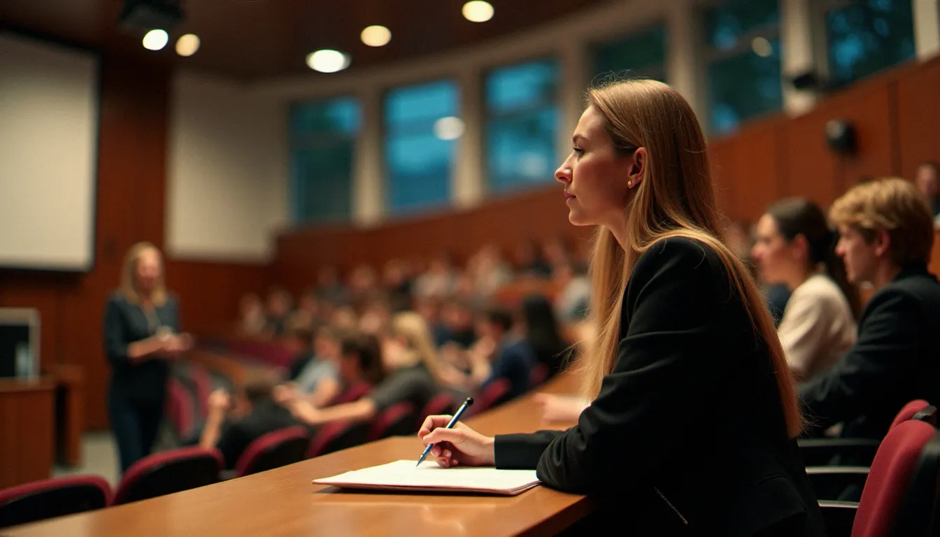 Une salariée adulte suit une formation certifiante en soirée dans un établissement d'enseignement supérieur pour évoluer dans sa carrière grâce au CPF